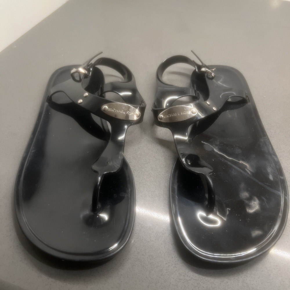 Michael Kors Women's Black PVC Thong Sandals Buckle Ankle Strap Logo US 10